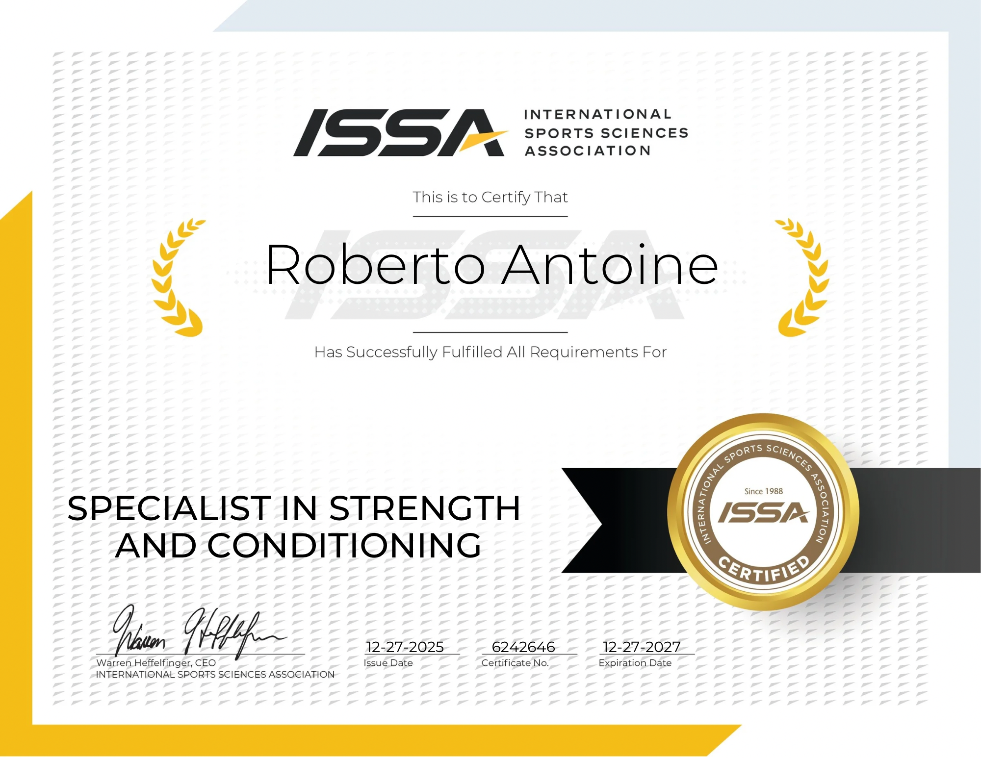 ISSA Specialist in Strength and Conditioning certificate for Roberto Antoine